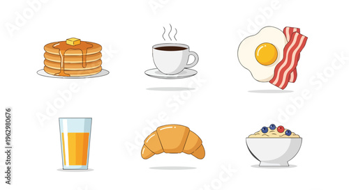 A vibrant assortment of classic breakfast and brunch dishes presented in a clean, modern vector illustration style.