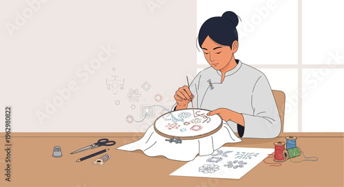 Asian Artisan Woman Hand Embroidering Pattern on Fabric with Needle and Thread, Flat Illustration