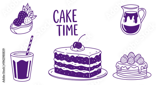 Hand-drawn vector illustration of various sweet treats and beverages, perfect for bakery or cafe branding