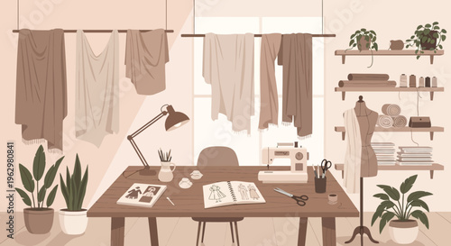 Minimalist Fashion Design Atelier Illustration - Cozy Tailor Workspace with Sewing Machine, Mannequin, Fabric Swatches, and Creative Studio Decor