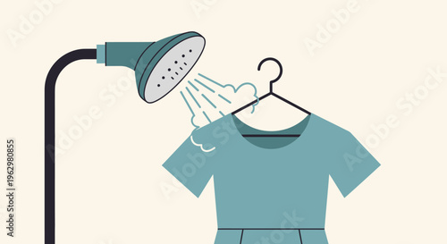 Minimalist Illustration of a Dress Hanging on a Hanger Being Steamed by a Shower Head for Wrinkle Removal - Life Hack Concept