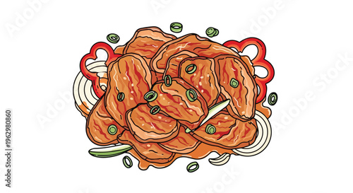 Delicious sauced meat pieces adorned with fresh vegetables illustration for culinary projects perfect for menus websites and various food related
