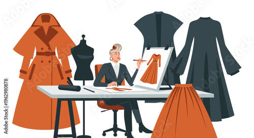 Female Fashion Designer Sketching Apparel Designs in Modern Creative Studio with Mannequin and Garments Illustration