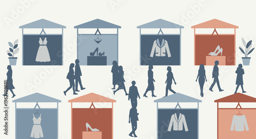 Minimalist Vector Illustration of Silhouetted Shoppers at an Outdoor Fashion Market with Clothing and Shoe Stalls