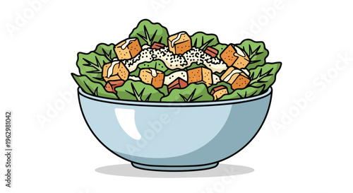 A delightful, hand-drawn illustration depicting a refreshing bowl brimming with crisp green lettuce, golden crunchy croutons, and creamy dressing.