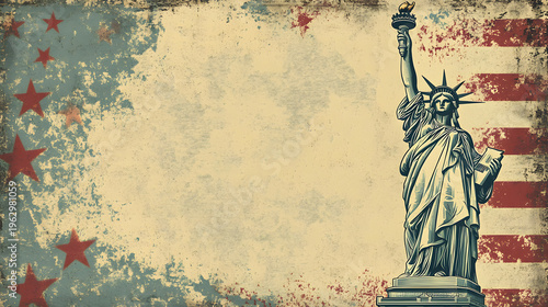 Statue of Liberty with distressed American flag and star background, vintage grunge texture