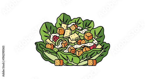Vibrant and fresh garden salad illustration with crispy croutons and leafy greens depicting a healthy meal