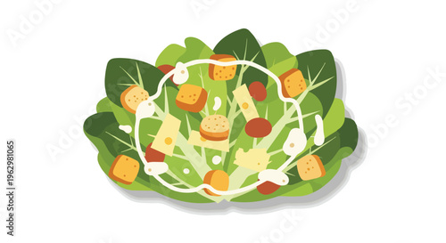 A fresh vibrant healthy green salad illustration featuring crisp lettuce leaves golden croutons savory cheese pieces and a delectable creamy white