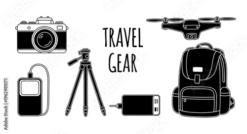 Travel and adventure essentials icon collection, featuring a camera, drone, backpack, and various mobile device accessories for the modern explorer