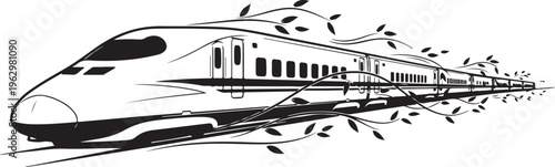 Black and white bullet train speeding through leaves