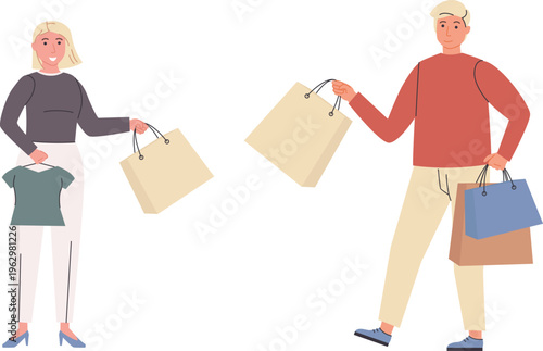 Two happy shoppers holding shopping bags and a t-shirt, enjoying their outing together
