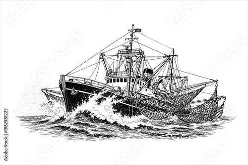 Fishing boat with net vintage sketch of ship