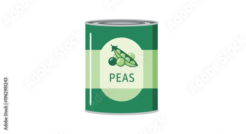 Illustration of a vibrant green canned vegetable, specifically featuring a fresh pea pod design on its label representing healthy preserved food