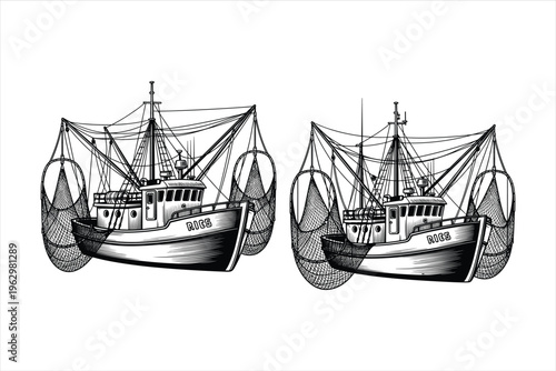 Fishing boat with net vintage sketch of ship
