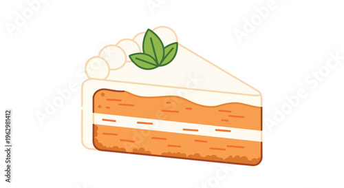 Stylized slice of delectable cake with creamy frosting and fresh green mint leaves, perfect for sweet dessert themes.