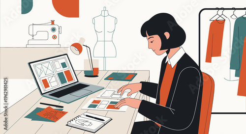 Creative Fashion Designer Woman Working in Studio with Laptop, Mannequin, and Sewing Machine Flat Vector Illustration