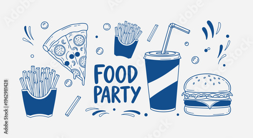 Food Party Illustration with Pizza, Burger, and Fries