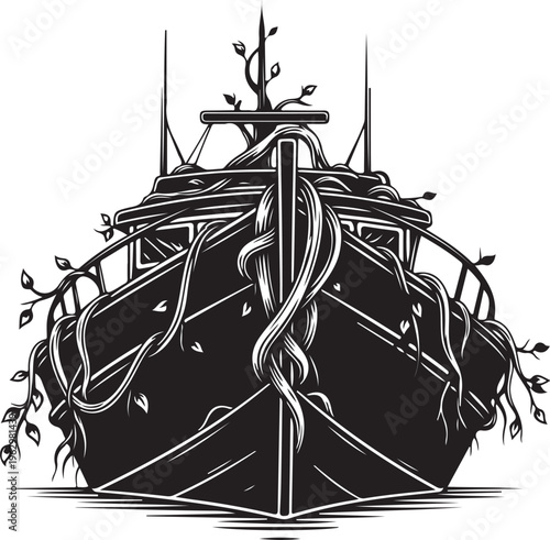 Black and white of a ship overgrown with vines boat