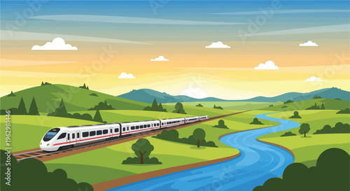 A train travels through a picturesque landscape featuring a river and hills