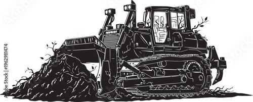 Black and white of bulldozer clearing land with pile of dirt and debris