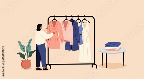 Fashion Stylist or Woman Organizing a Capsule Wardrobe on a Clothing Rack Minimalist Illustration