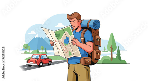 A traveler with a map and a backpack in a nature-filled scene