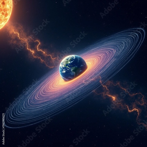 Surreal Cosmic Illustration of Earth with Saturn-like Rings and Solar Flare Activity