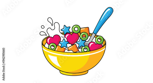 A vibrant bowl of playful breakfast cereal featuring colorful heart and star shapes swimming in fresh milk with a blue spoon ready for delicious