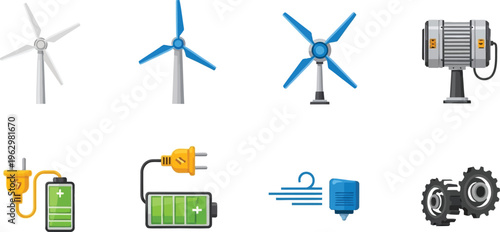 Set of wind turbine and energy icons representing renewable power generation and storage for eco-friendly technology concepts isolated on white