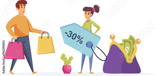 Couple enjoying significant savings during shopping spree with large discount offer prominently displayed between them