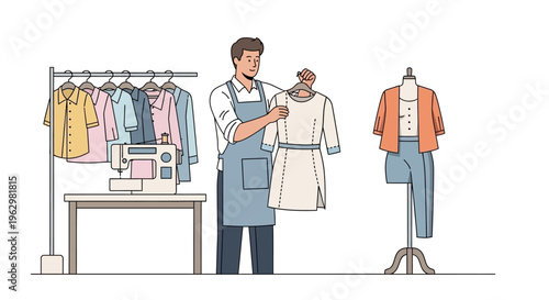 Male Fashion Designer or Tailor Working in Studio with Sewing Machine, Mannequin, and Clothes Rack Illustration