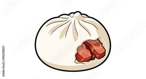 A delectable hand-drawn illustration of a freshly steamed asian bun revealing its savory, succulent char siu pork filling ready to be enjoyed as a