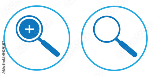 black, blue and orange zoom icon set .  magnifying glass icons with zoom plus minus check isolated on white background, EPS10