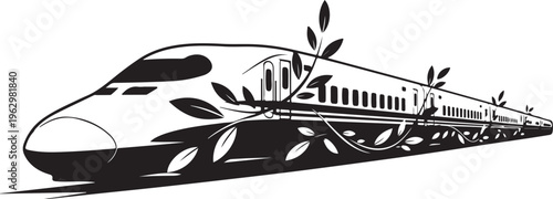 Black and white train with leaves growing around it