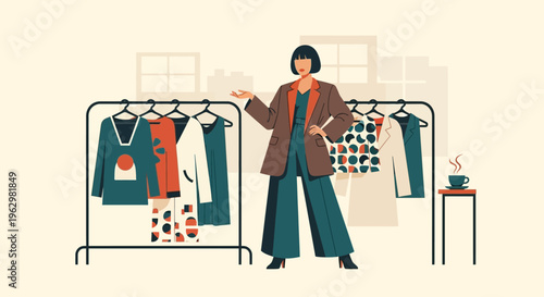 Stylish Fashion Stylist and Boutique Owner with Clothing Racks Illustration