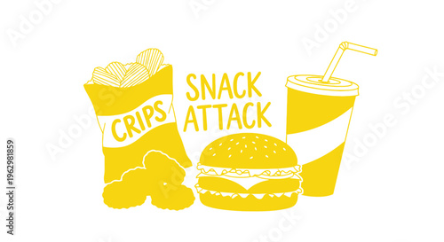 Vibrant Yellow Snack Attack Illustration Featuring Unhealthy Junk Food Cravings and Fast Food Favorites