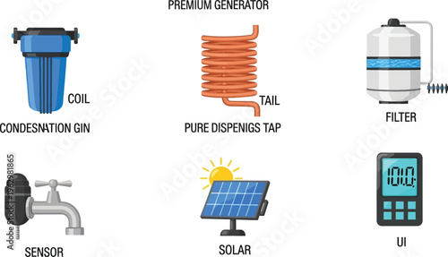 Collection of water purification system components including a filter coil and solar panel for use in technology and environmental concepts flat vector illustration