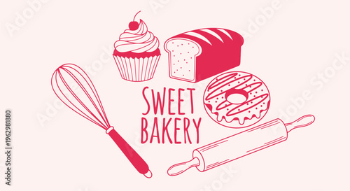 Charming hand-drawn bakery illustration featuring a delightful assortment of sweet treats and baking tools, perfect for culinary designs and menus