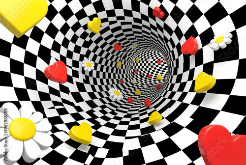 Abstract checkerboard tunnel with floating hearts and daisies
