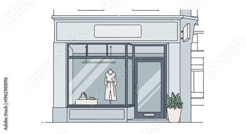 Minimalist Boutique Storefront Illustration with Window Display and Blank Signage Mockup; Clean Architectural Line Art of a Modern Fashion Retail Shop Exterior