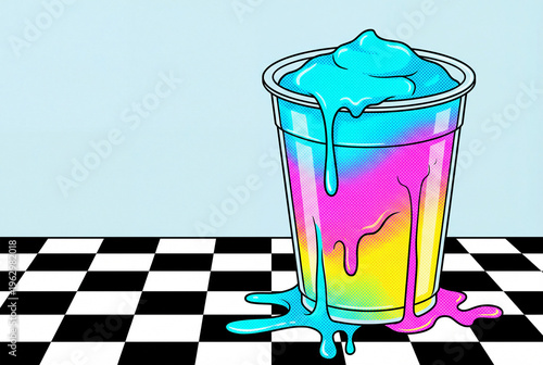 Colorful slushy drink spilling from plastic cup on checkered table