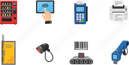 Collection of flat design icons representing modern technology and services including a vending machine touchscreen POS terminal printer locker scanner and conveyor belt