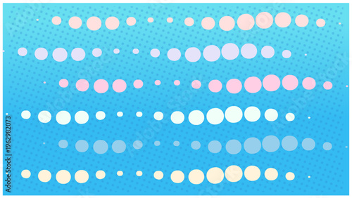 ポップな水色背景に並ぶドットのリズムパターン・カラフルでかわいい抽象デザイン