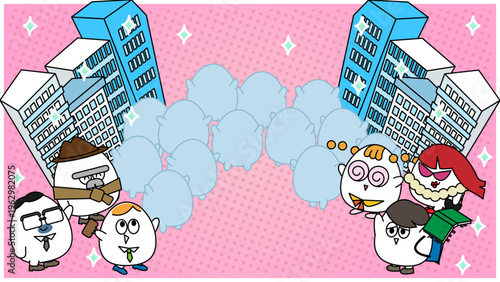 都会で働くキャラクターたちと人混みのイメージ・ビジネスや転職、通勤を表現したかわいいイラスト