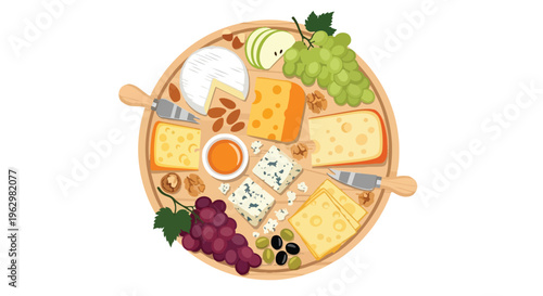 An artfully arranged rustic wooden board featuring a diverse selection of gourmet cheeses, fresh green and red grapes, assorted nuts, and savory
