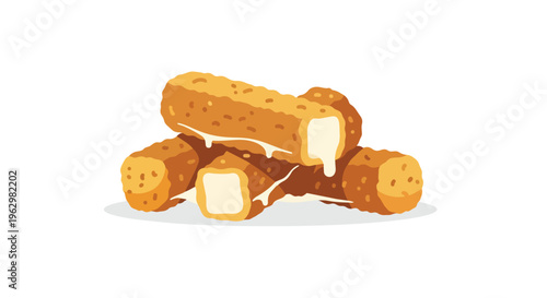 Crispy golden fried snacks with a warm, gooey, melted cheese core, artfully depicted in a vibrant, clean vector illustration on a pristine white