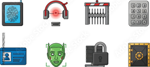 Collection of security and access control icons including fingerprint scanner facial recognition and safe for digital security concepts