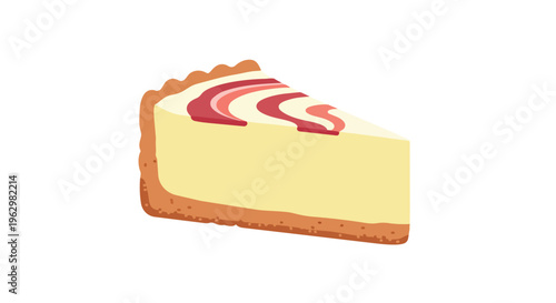 Rich creamy cheesecake wedge with a textured golden crust and elegant red fruit ripple design