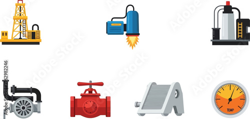 Collection of industrial equipment icons including oil rig pump valve and gauge for engineering and manufacturing concepts