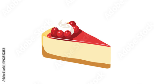 Indulgent dessert delight featuring a creamy cheesecake slice adorned with vibrant red berries and a luscious swirl of whipped topping, perfect for
